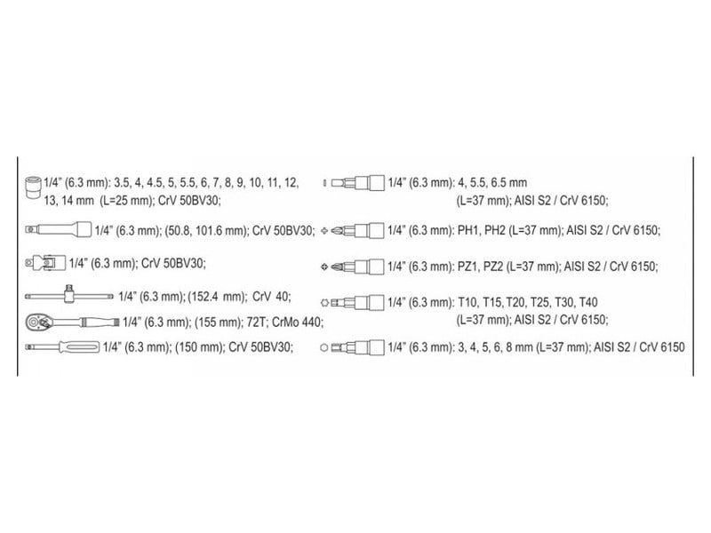 Set de prize YATO 38 piese 1/4" 3,5-14 mm CrV