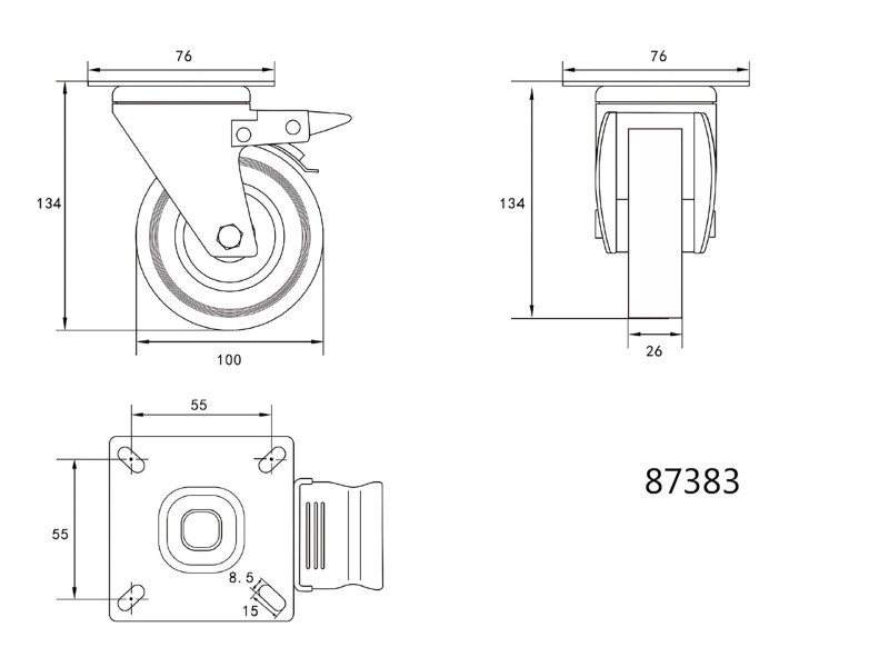 VOREL Roată industrială cu frână pivotantă 100 mm 45 kg - 2 | YEO