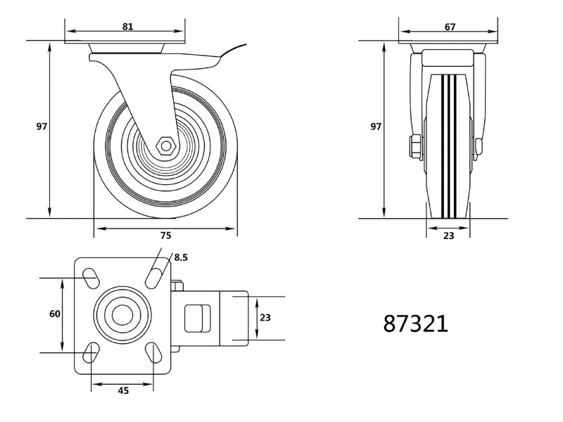 VOREL Roată industrială cu frână pivotantă 75 mm 40 kg - 1 | YEO