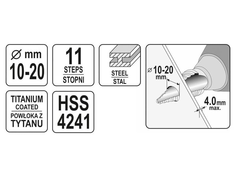 YATO Burghiu cu trepte 10-20 mm 11 trepte HSS titan-nitrură