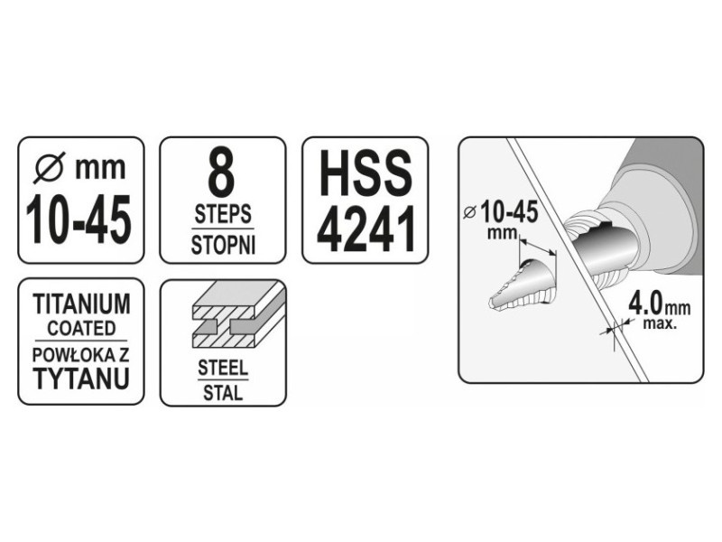 YATO Burghiu cu trepte 10-45 mm 8 trepte HSS titan-nitrură - 3 | YEO