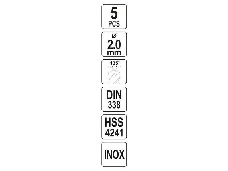 YATO Burghiu spiralat 2,0 x 48/22 mm inox HSS Premium (5 buc)