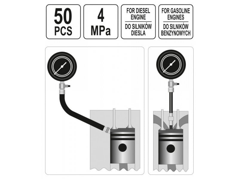 YATO Set de manometre de compresie 50 piese pentru motoare diesel și pe benzină 40 bar