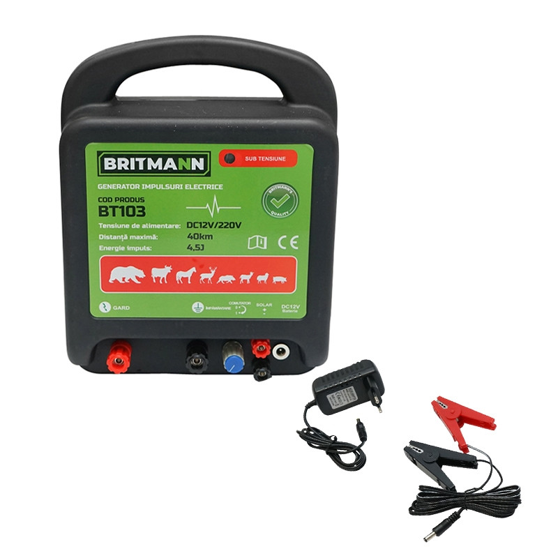 Aparat generator de impulsuri DC 12/220V, 4.5 Joule 40km pentru gard electric, Cod: BT103, Brand: BRITMANN