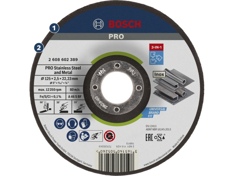 BOSCH PRO Disc de tăiere inox/metal 125 x 2,5 x 22,2 mm 3 în 1 A 46 S BF (oSa) - 1 | YEO