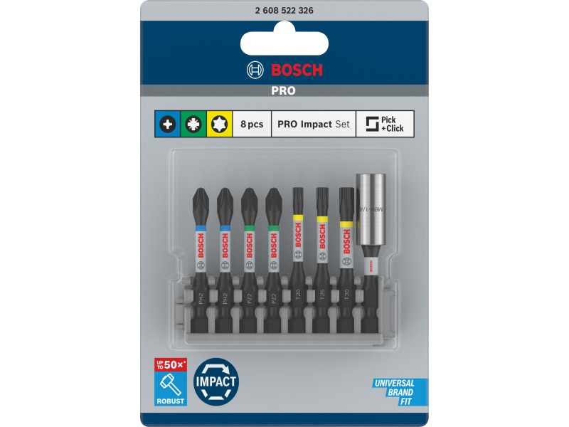 BOSCH PRO set vârf de biți 8 r. 50 mm + suport (PH2 x 2, PZ2 x 2, T20, T25, T30) Pick & Click - 1 | YEO