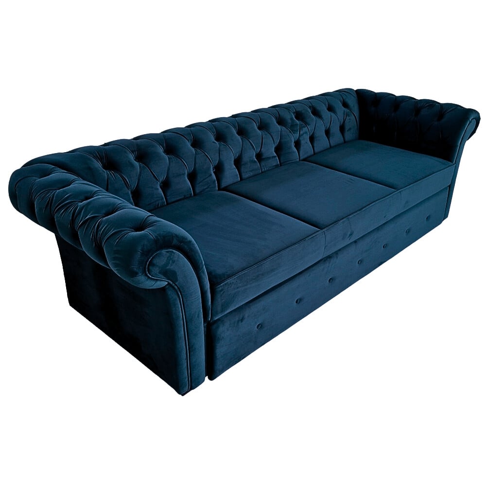 Canapea Extensibila Chesterfield, 250x100x75cm, 3 locuri, Velutto 25 Navy, Glasspandoor