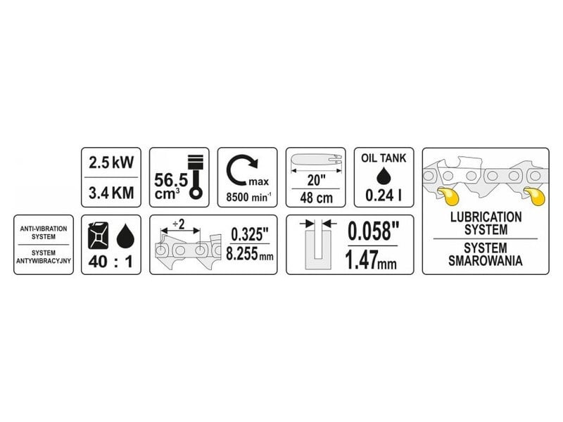 Ferăstrău cu lanț pe benzină YATO 56,5 cm3 0,24 l