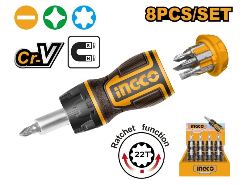INGCO Set șurubelnițe cu clichet 8 piese CrV