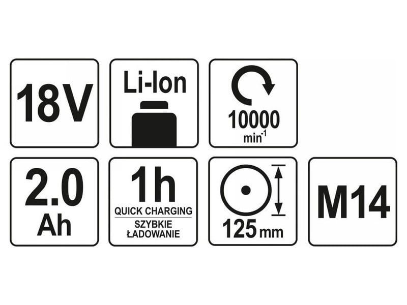 Polizor unghiular fără fir YATO 125 mm 18 V Li-Ion (1 x baterie 2.0 Ah + încărcător)