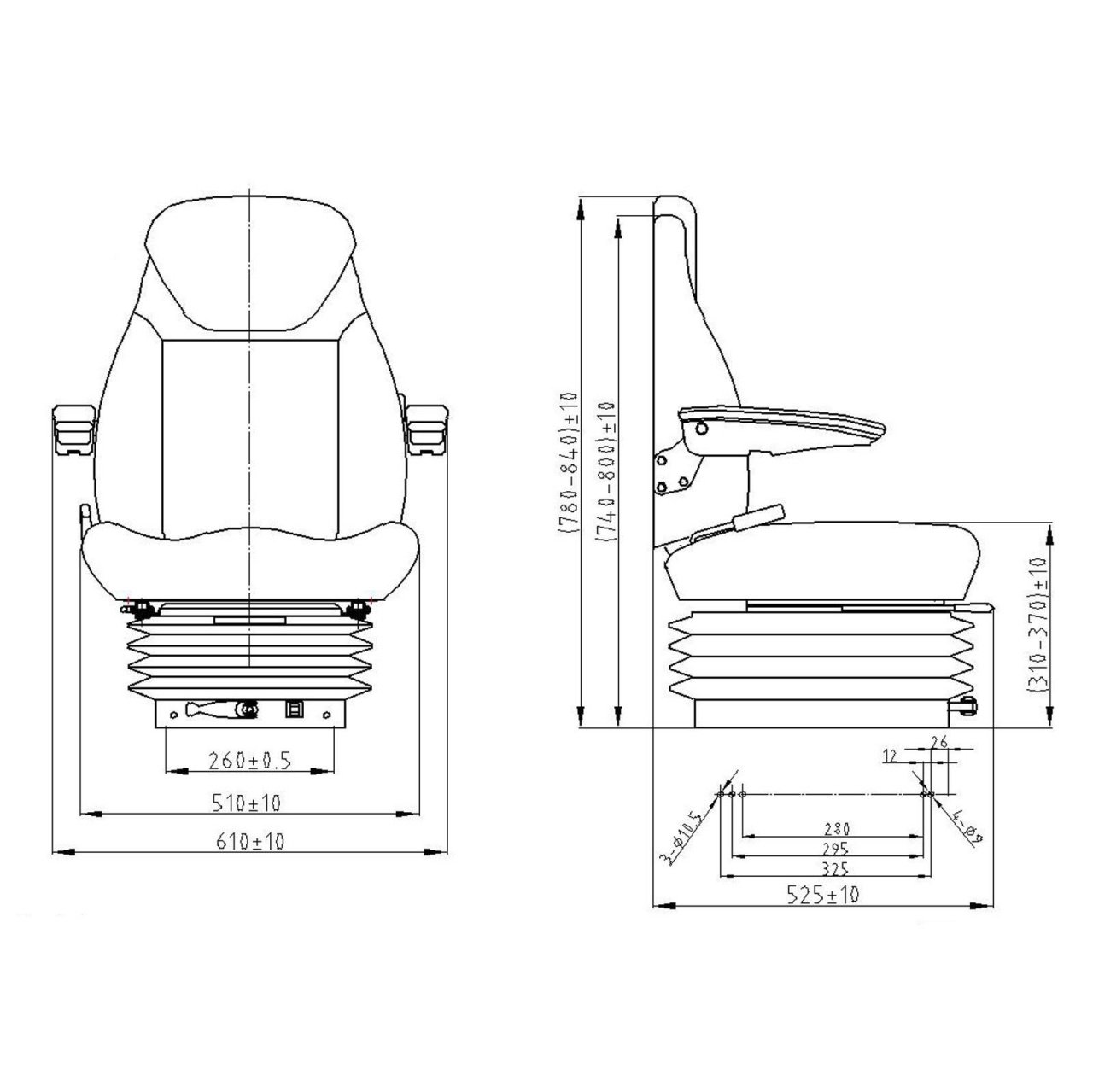 Scaun universal reglabil pentru tractor cu centura de siguranta, cotiere si suspensie mecanica 840x600mm, Cod: DISMN26,