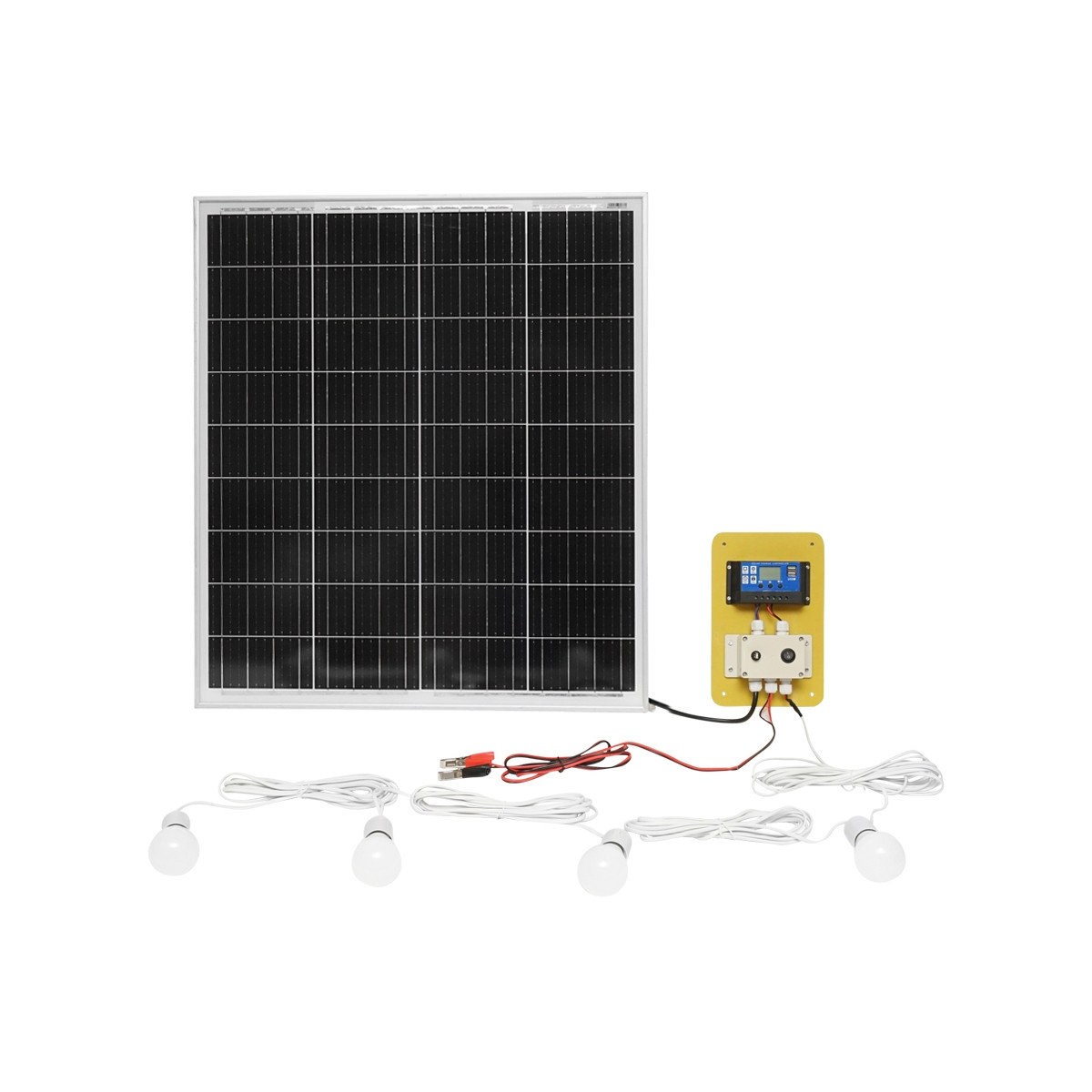 Set panou solar, 75W fotovoltaic monocristalin 790x690x75mm 12-24V, 4 becuri LED 9W, Cod: BK87447 Echivalență: DISCS76, Breckner Germany