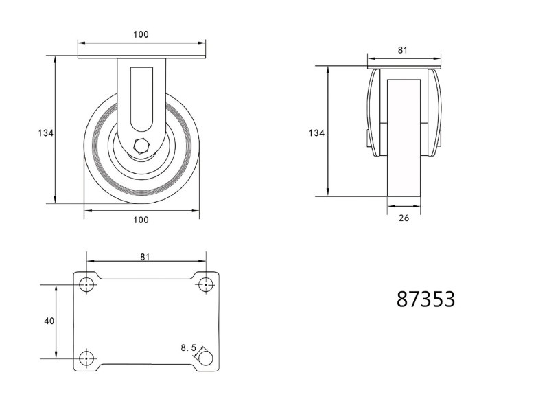 VOREL Roată industrială Furcă fixă 100 mm 45 kg - 1 | YEO