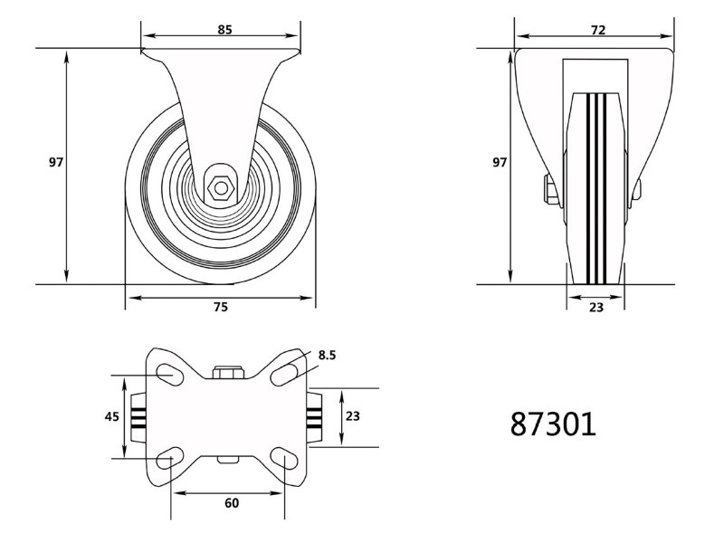 VOREL Roată industrială Furcă fixă 75 mm 40 kg - 1 | YEO