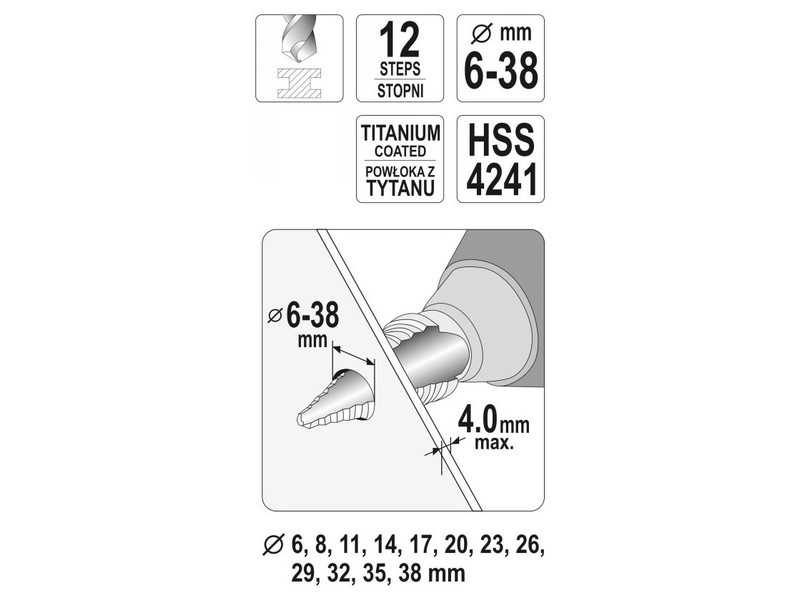 YATO Burghiu cu trepte 6-38 mm 12 trepte HSS titan-nitrură