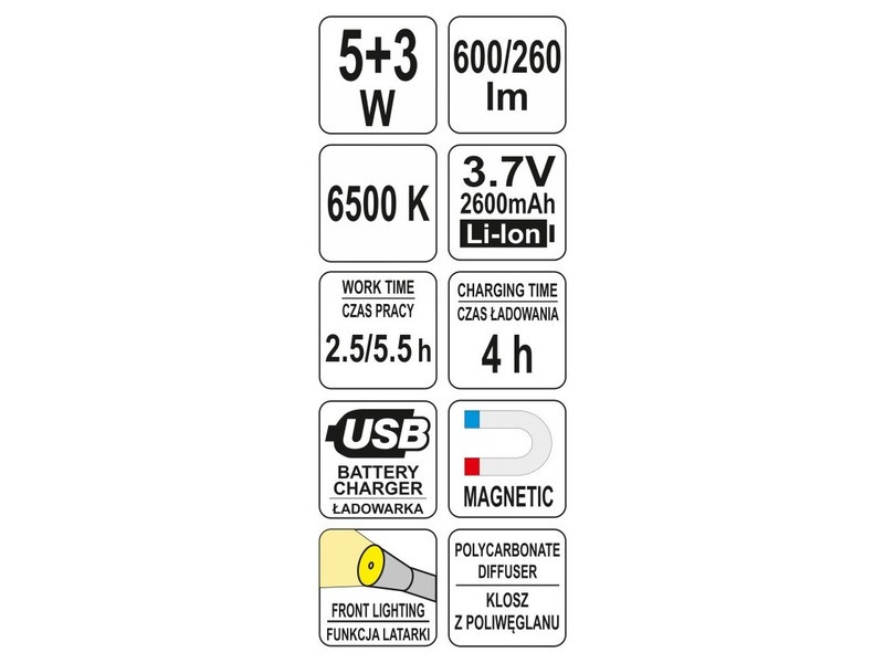 YATO Lampă de instalare LED reîncărcabilă 5 W+3 W