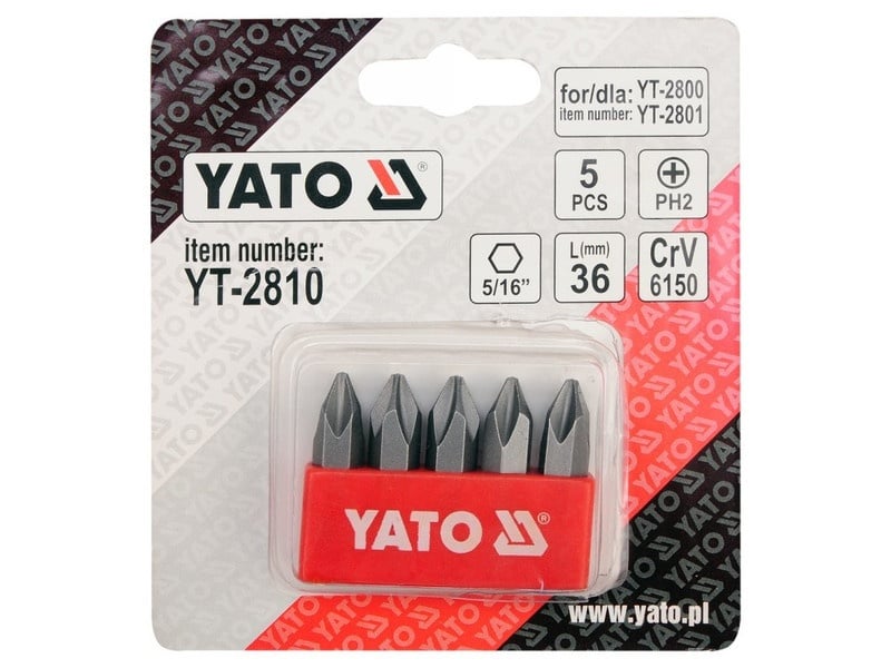 YATO Set de vârfuri bit 5 bucăți PH2 36 mm (pentru YT-2800, YT-2801) CrV