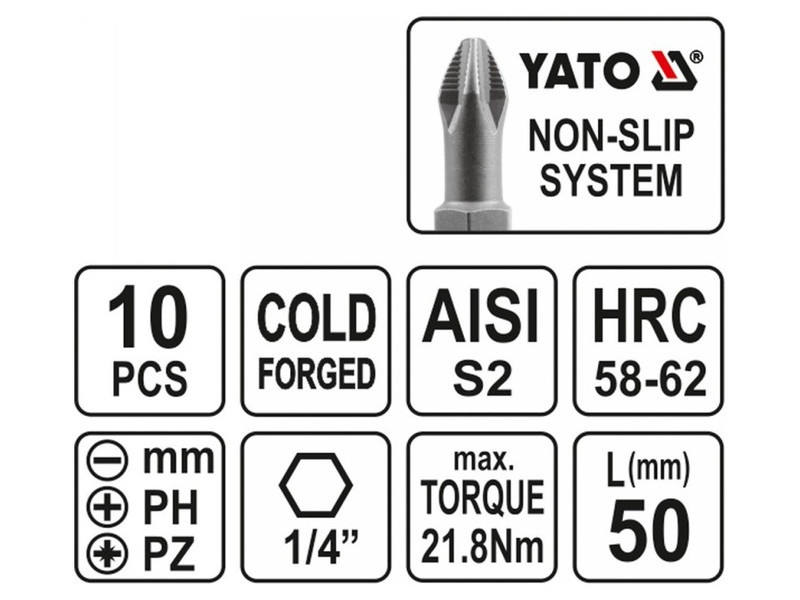 YATO Set de vârfuri de biți 10 bucăți 50 mm (5-6 mm-PH1-PH2-PZ1-PZ2) - 2 | YEO