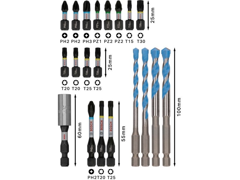 BOSCH PRO Impact bit de vârf și burghiu universal set 20 piese 1/4 Hex - 2 | YEO