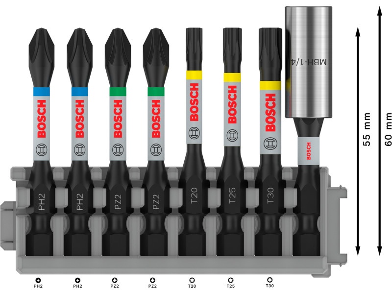 BOSCH PRO set vârf de biți 8 r. 50 mm + suport (PH2 x 2, PZ2 x 2, T20, T25, T30) Pick & Click - 2 | YEO