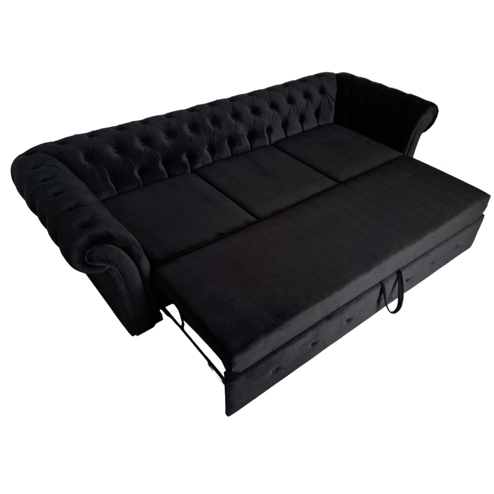 Canapea Extensibila Chesterfield, 250x100x75cm, 3 locuri, Velutto 20 Black, Glasspandoor - 1 | YEO