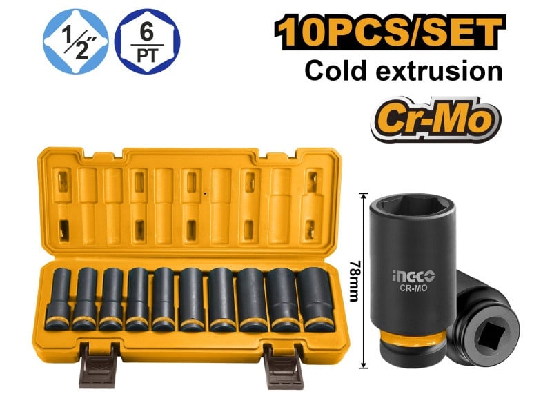 INGCO Set de prize pentru mașini lungi 10 piese 1/2" 10-24 mm CrMo