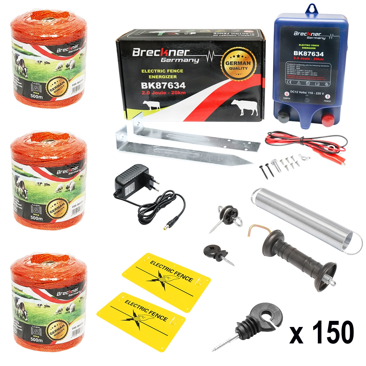 Kit complet gard electric 12/220V, 2 Joule lungime fir 1500m, 150 izolatori si placute avertizare,Cod: BK87573, Brand: BRECKNER GERMANY