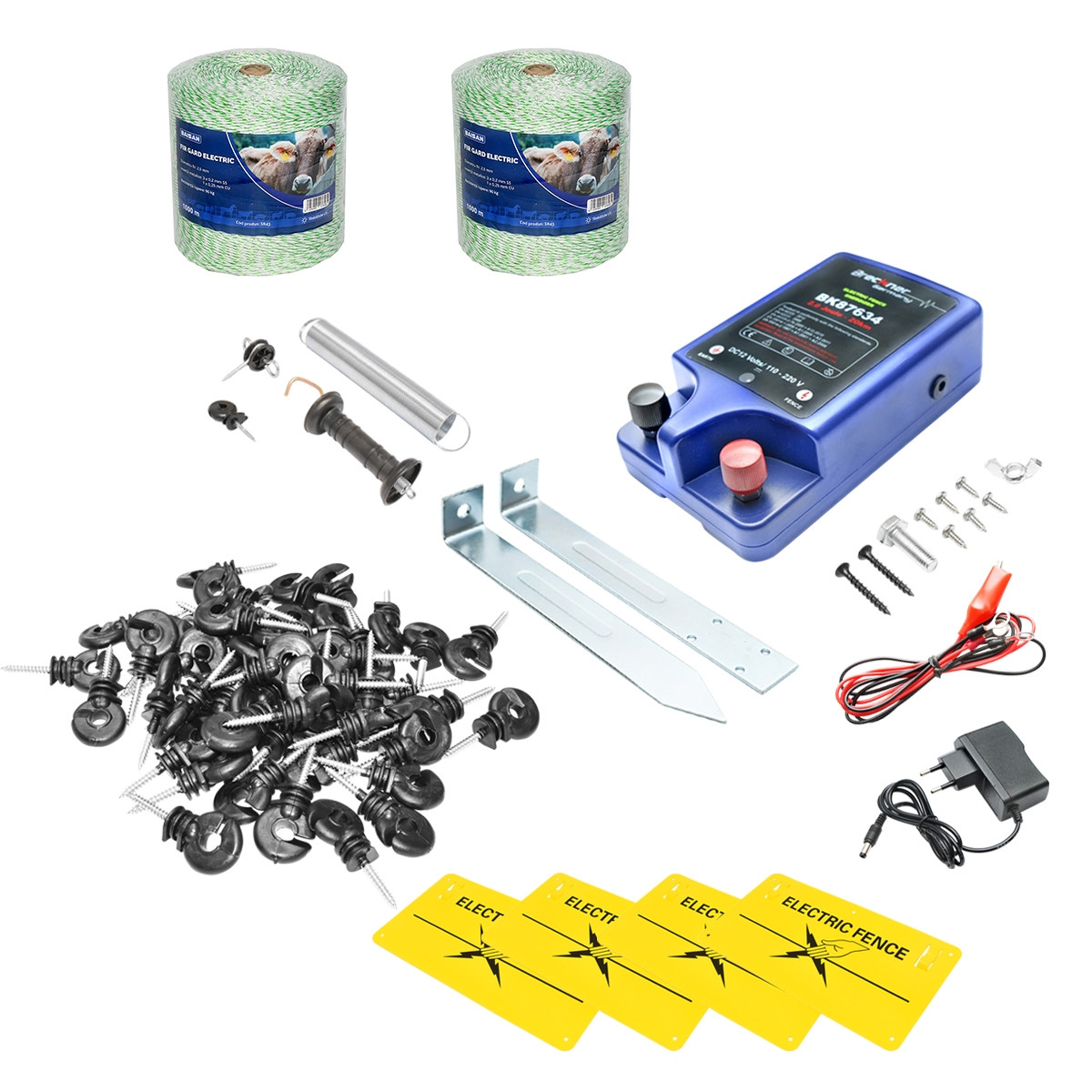 Kit complet gard electric 12/220V, 2 Joule, lungime fir 2000m, 100 izolatori, kit poarta si 4 placute avertizare,Cod: BK87553, Brand: BRECKNER GERMANY