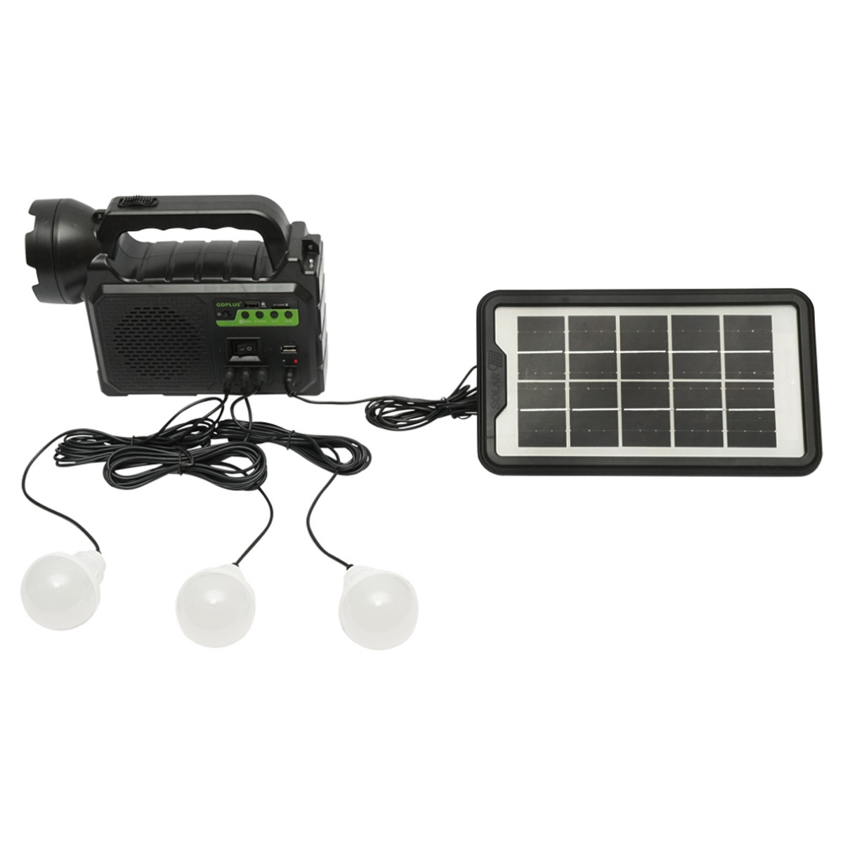 Kit iluminat portabil, LED, cu 3 becuri/proiector, radio FM, MP3, panou solar si baterie 3.7V, 4500 mAh, pentru pescuit camping, GD-P30FM, Cod: DISLK25, Gdplus