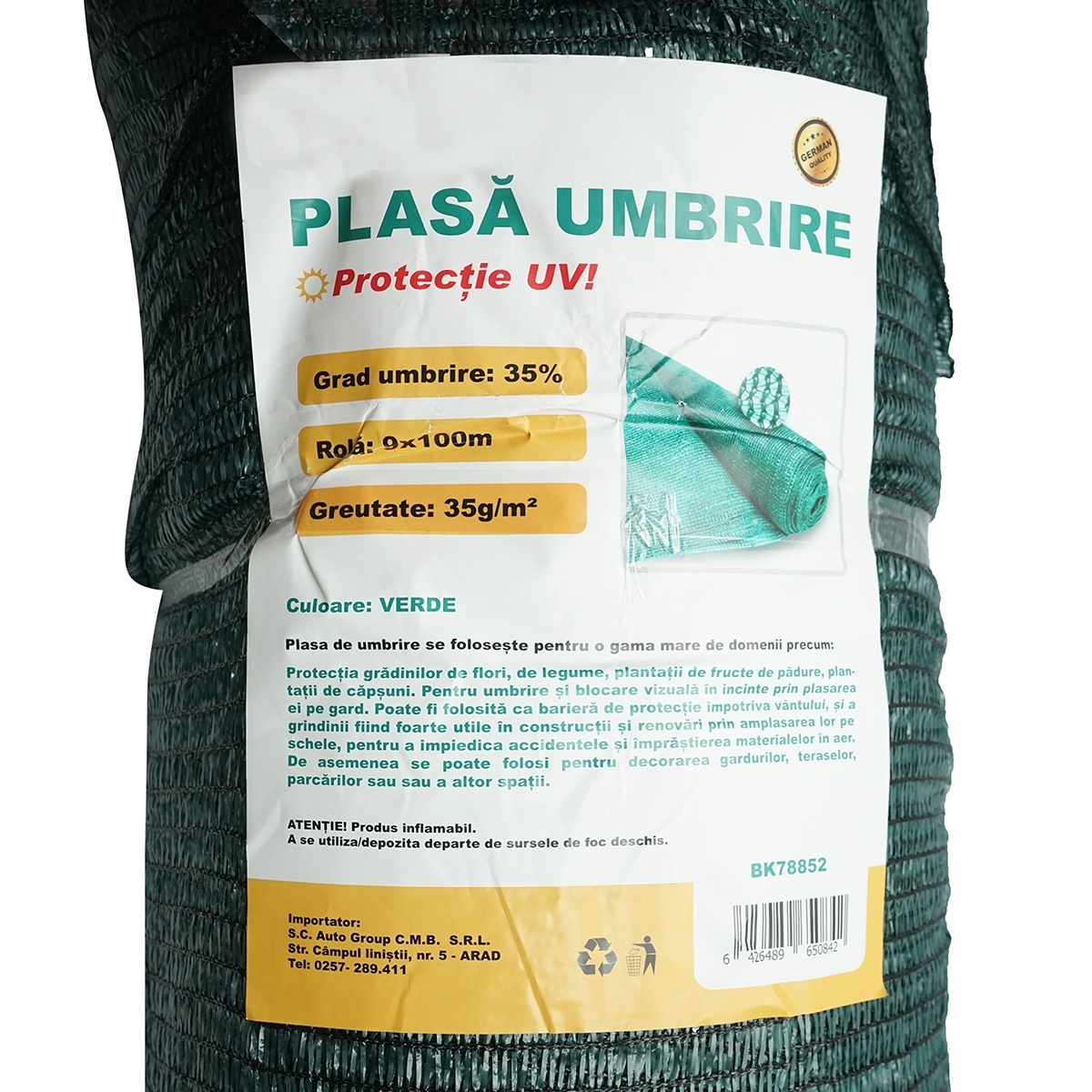 Plasa umbrire 35% latime 9M si lungime 100M verde din polietilena cu protectie UV, Cod: BK78852 , Brand: BRECKNER GERMANY - 3 | YEO