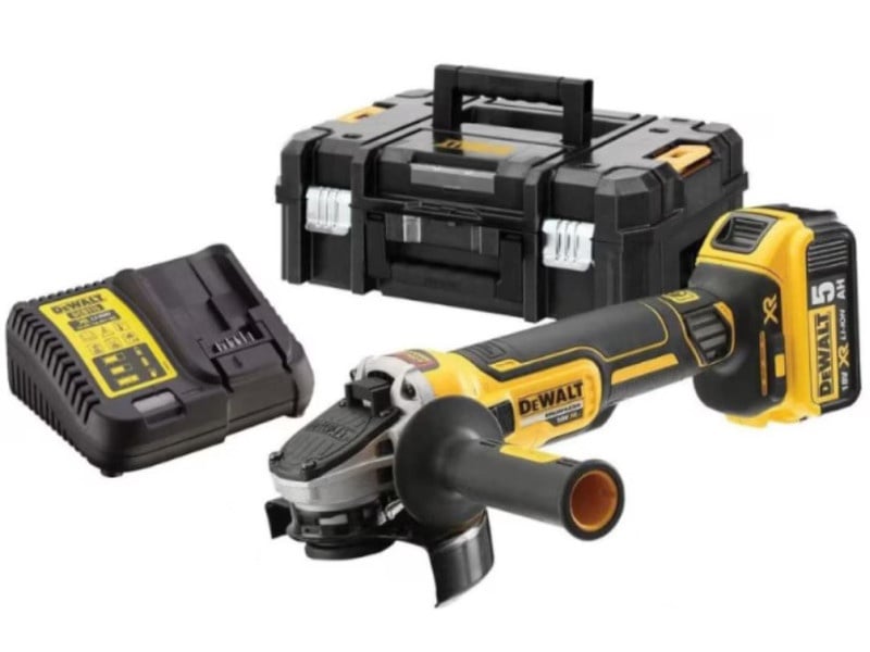 Polizor unghiular fără fir DEWALT 125 mm 18 V fără perie de carbon (1 x baterie 5.0 Ah + încărcător + TSTAK)