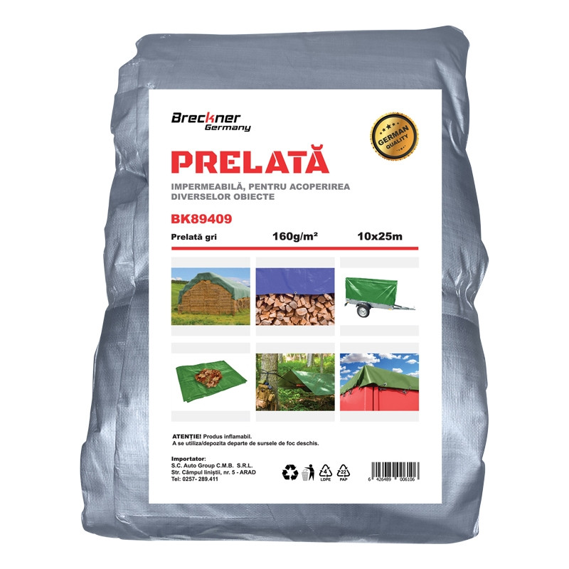 Prelata cu ochiuri de prindere 160g/m2 gri 10x25m, Cod: BK89409, Echivalență: DISCV39, Breckner Germany