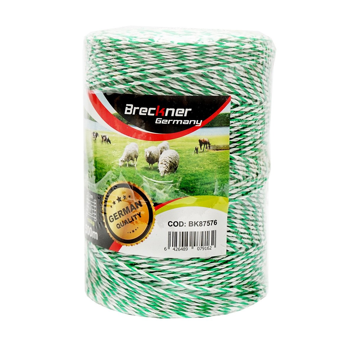 Rola fir alb-verde fi 2.5mm insertie metalica 4x0.2mm SS, rezistenta 7 Ohm/m, 500m gard electric, Cod: BK87576, Brand: BRECKNER GERMANY