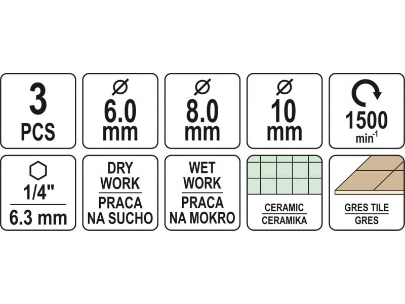 YATO Diamant tăietor circular Set 3 piese 6, 8, 10 mm set de biți umed / uscat - 3 | YEO