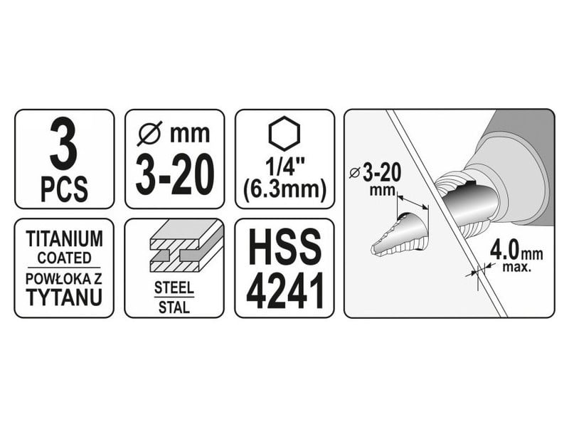 YATO Set de burghie Step 3 piese HSS titan-nitrură