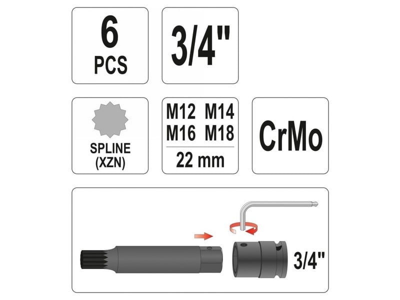 YATO Set de mufe pentru mașini 6 piese Spline 3/4" M12-M18 CrMo - 3 | YEO