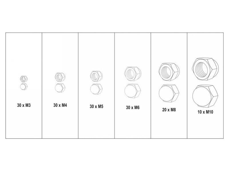 YATO Set de piulițe hexagonale de blocare 150 bucăți M3-M10