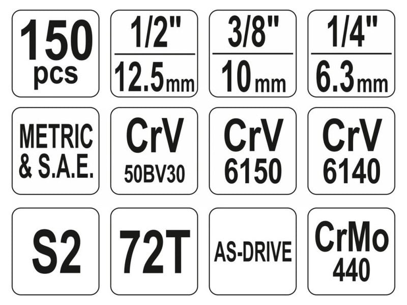 YATO socket set 150 piese 1/4", 3/8", 1/2" CrV