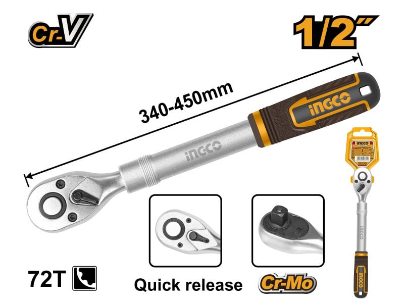 Arbore de acționare cu clichet INGCO 1/2" 340-450 mm 72T telescopic CrV