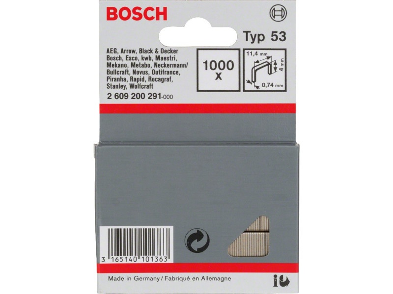 BOSCH Capse 4 x 11,4 x 0,74 mm pentru capsator HT14 (1000 bucăți)