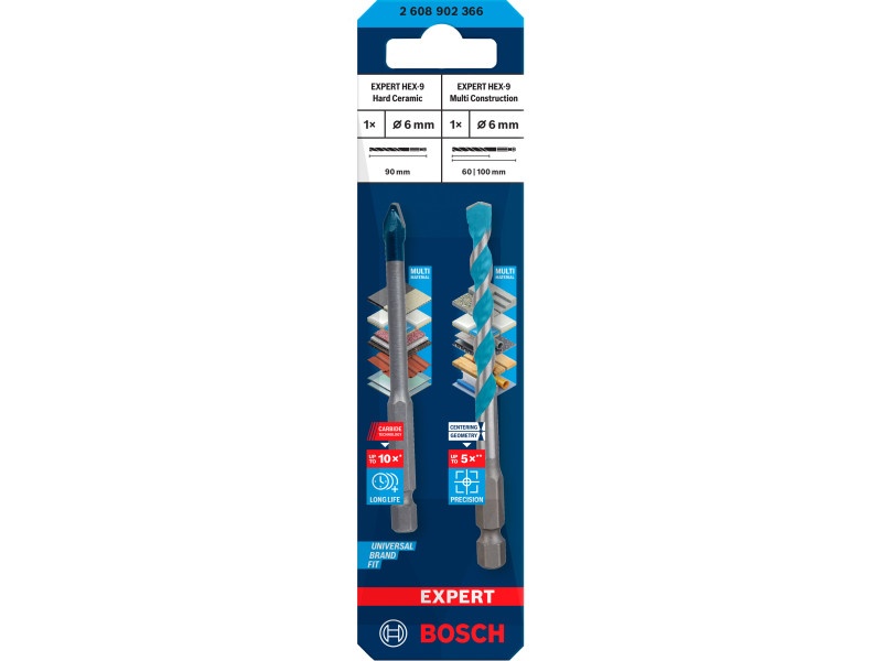 BOSCH EXPERT HEX-9 Hard Ceramic + Burghiu universal 6 mm cu prindere 1/4" (2 buc)