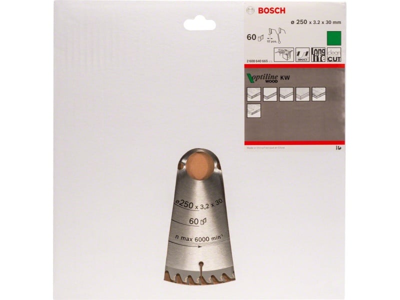 BOSCH Lamă de ferăstrău pentru lemn 250 x 30 x 3,2 mm / 60T Optiline Wood ATB / KW