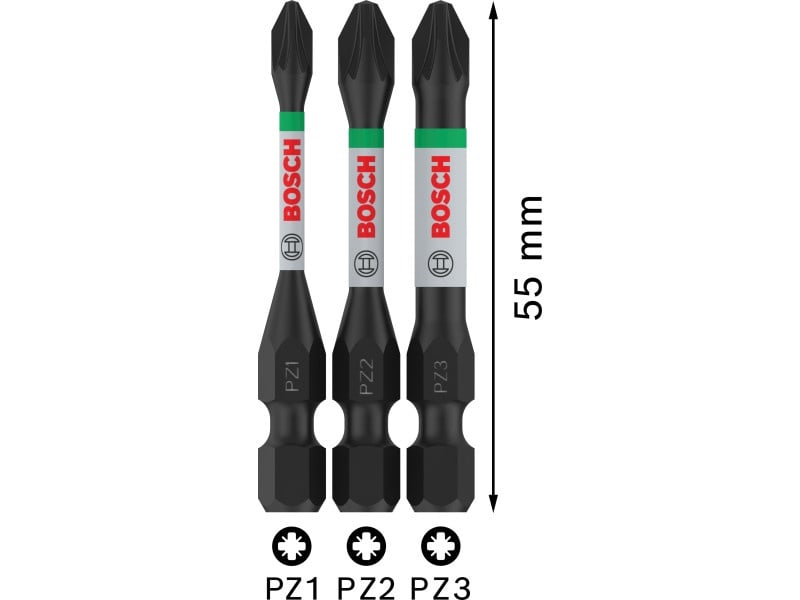 BOSCH PRO Set de vârfuri de impact 3 piese PZ1 / PZ2 / PZ3 x 55 mm 1/4" Hex - 2 | YEO