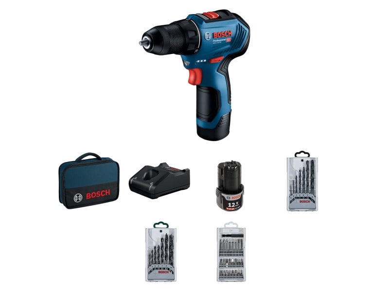 BOSCH șurubelniță fără fir GSR 12V-30 în geantă + kituri de accesorii (2 baterii de 2,0 Ah + încărcător rapid)