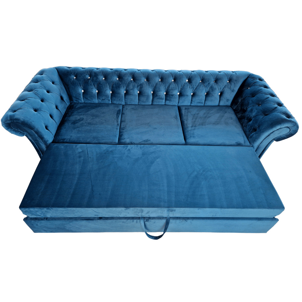 Canapea Extensibila Chesterfield, 250x100x75cm, 3 locuri, Velutto 36 Peacock, Glasspandoor