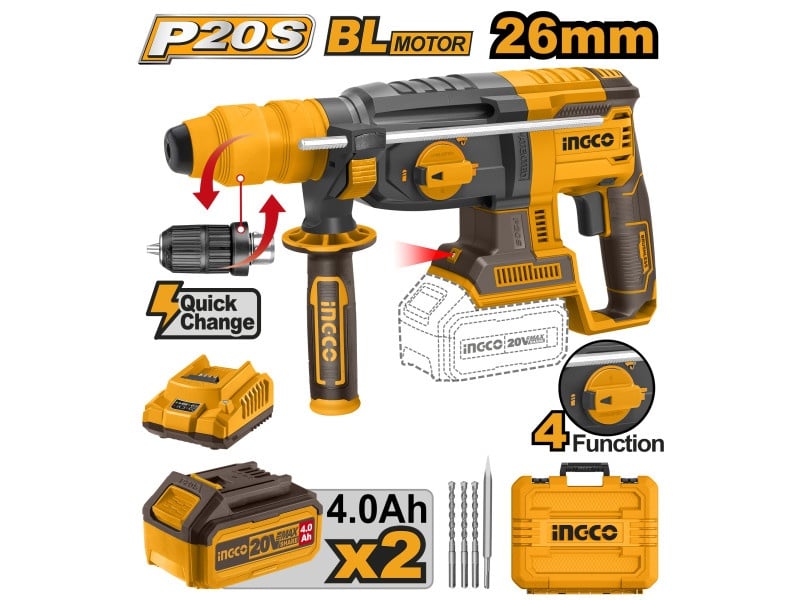 Ciocan combinat fără fir INGCO 2.5 J SDS-Plus fără perie de carbon 20 V (2 baterii x 4.0 Ah + încărcător)