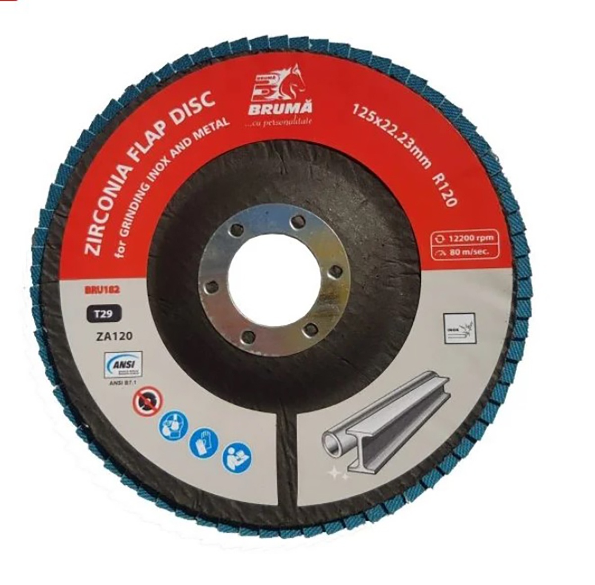Disc lamelar abraziv cu zirconiu T29 R120, 125x22.23mm pentru slefuire/polizare metal si inox , Cod: BRU182,