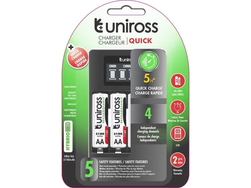 Încărcător rapid compact UNIROSS + 4 bucăți baterie AA/pencil 1,2 V 2100 mAh