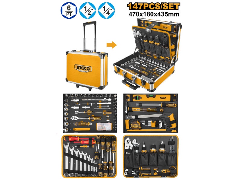 INGCO Set de scule 147 de piese în cutie cu role