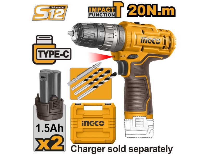 Mașină de găurit cu percuție fără fir INGCO 20 Nm 12 V (2 baterii reîncărcabile de 1,5 Ah, fără cablu de încărcare)